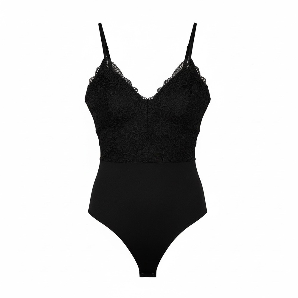 IRIS Black Lace Trimmed Spaghetti Strap‎ Bodysuit Women's Size L Whimsigoth